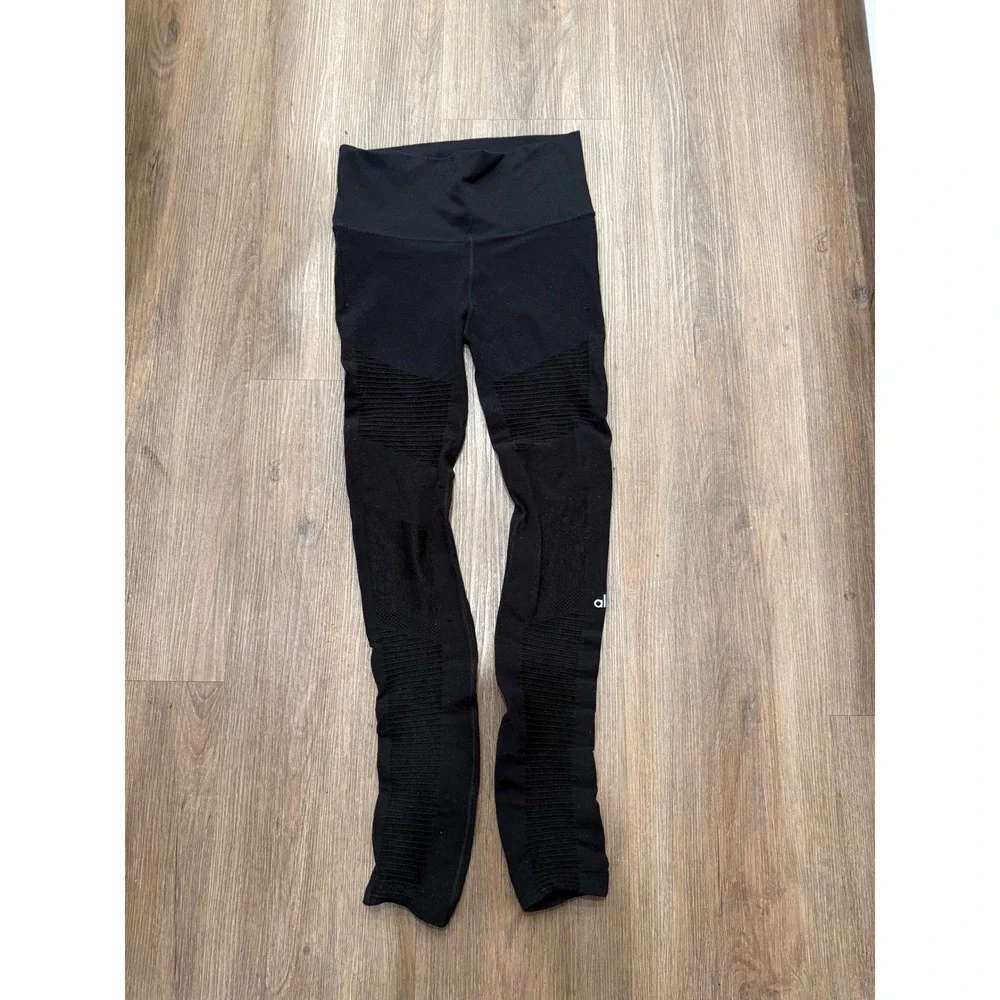 Alo Yoga Womens Black Moto High Waist Ribbed Mesh Inset Leggings Size Medium